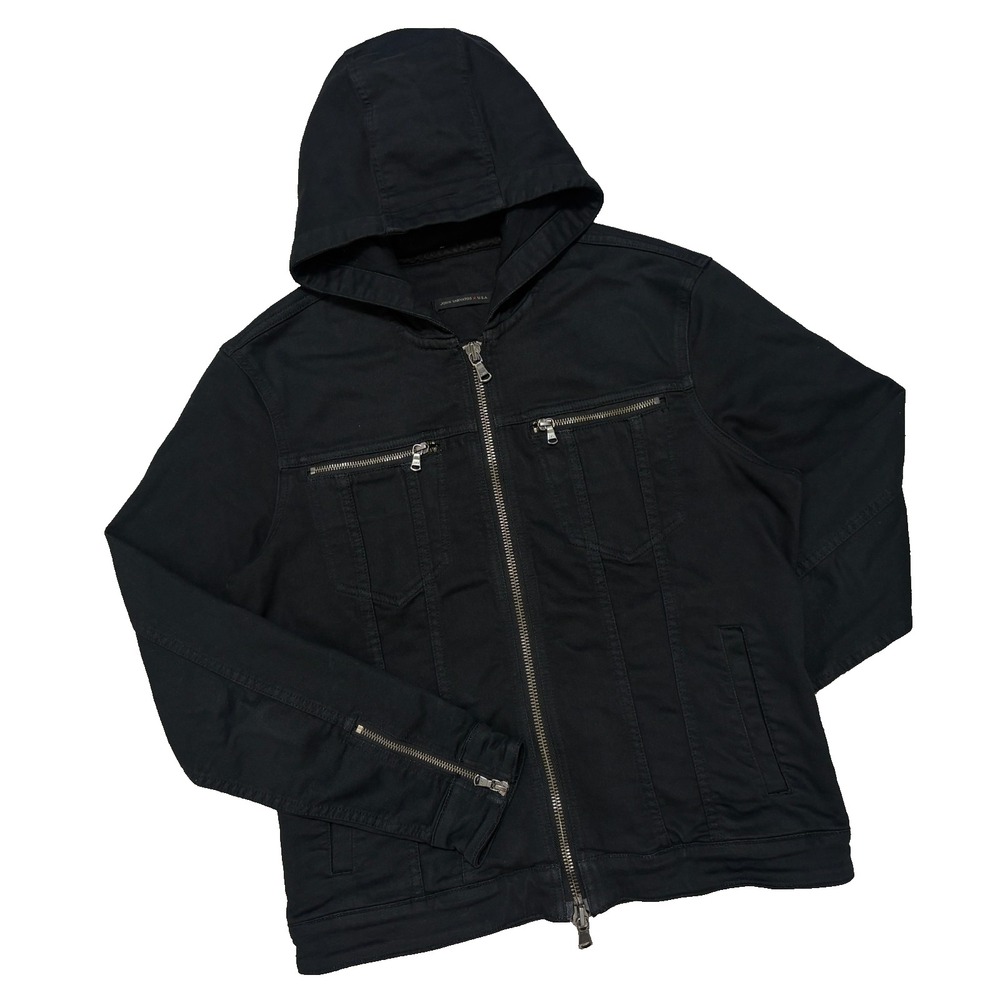 John Varvatos USA Jacket Men Medium Black Stretch Zipper Hooded Full Zip Pockets